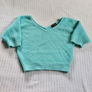 VTG Checkmate Women's Medium Knit Sweater Cropped Aqua V-Neck 3/4 Sleeves